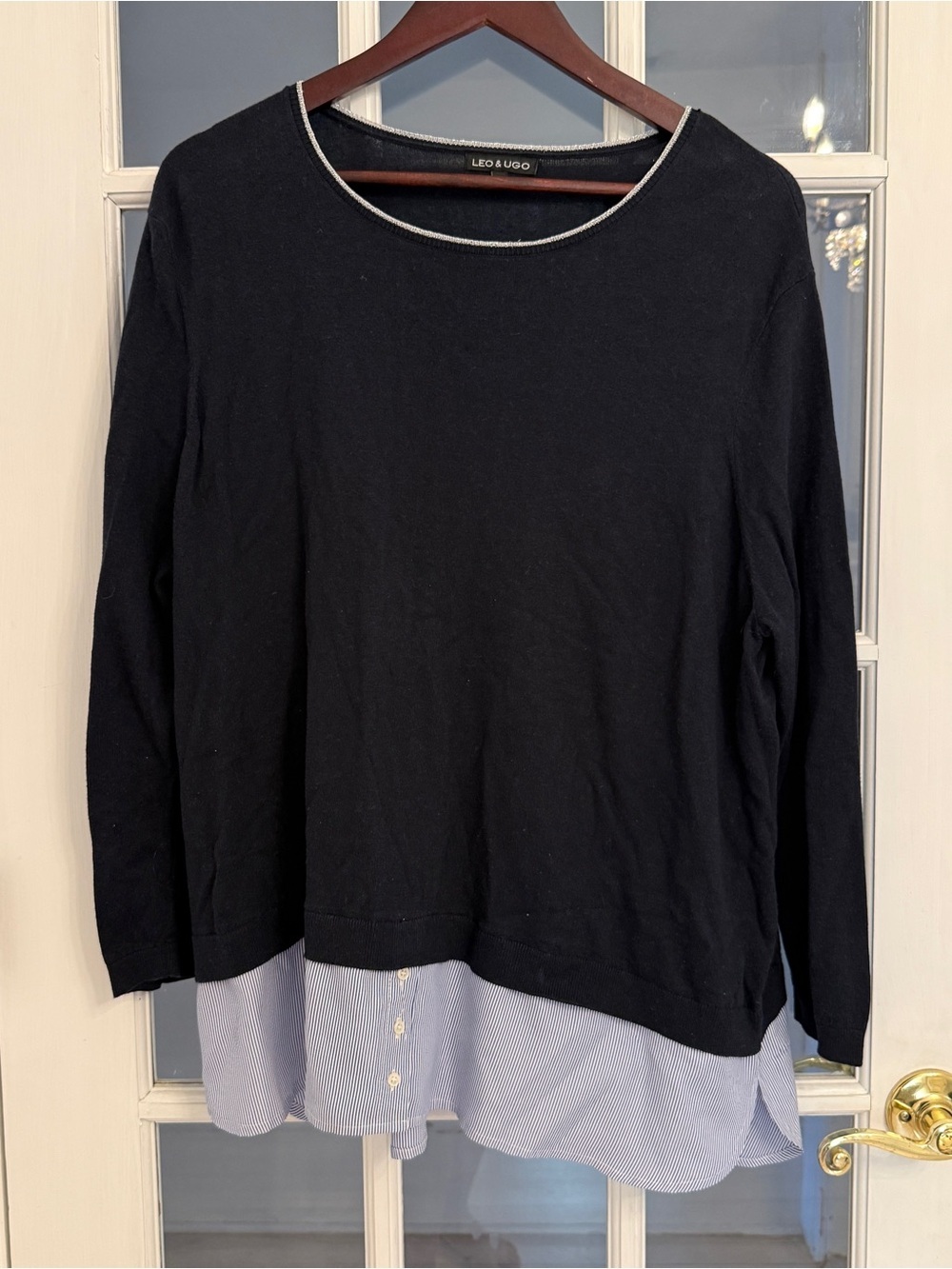 LEO & UGO Women’s Navy Blue Mixed Media Layered Look Wide Neck Sweater Size XL